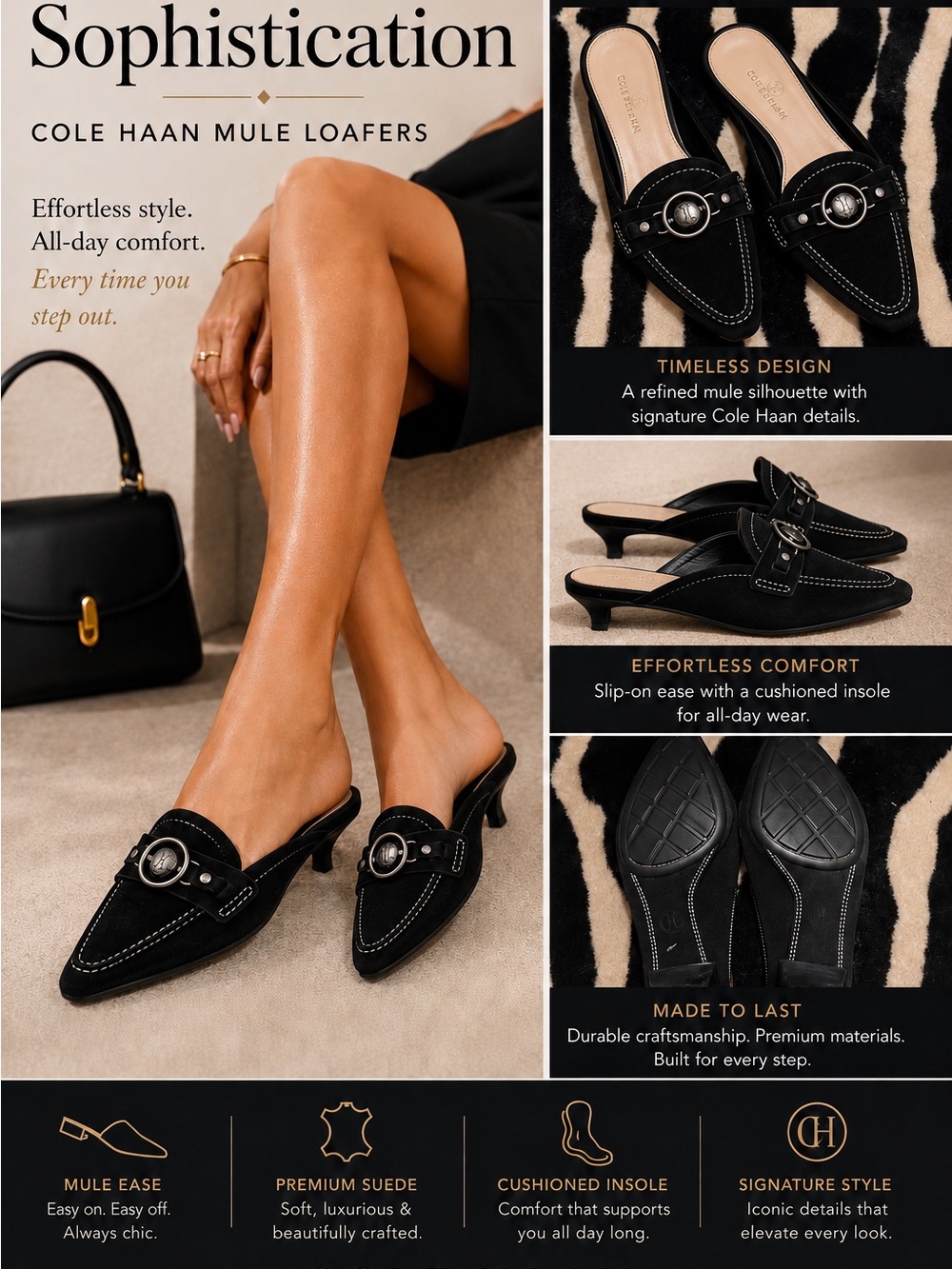 Cole Haan Black Suede Mule Loafers with Silver Ring Detail